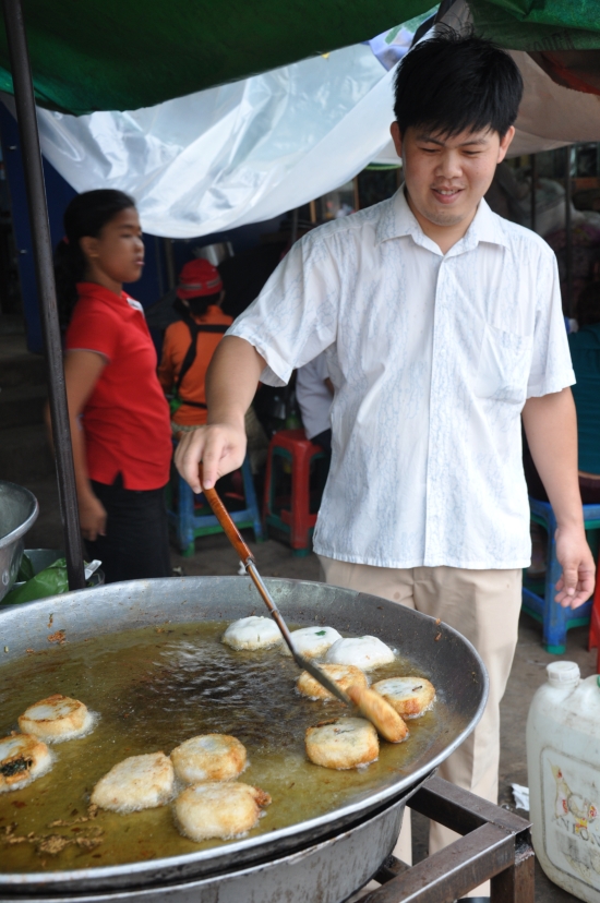Chive-talking: Traditional fried chive cakes at Psar Leu market.