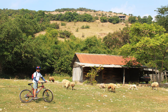 Circling the base by pedal power.
