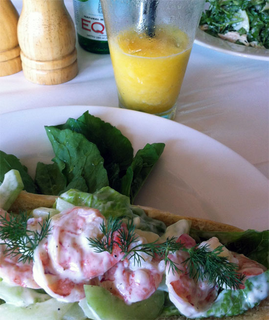 Tiger prawn baguette with a chicken salad chaser... and peach granita.