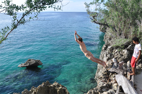 Take the leap: Off the back cliff at Poya Lisa.