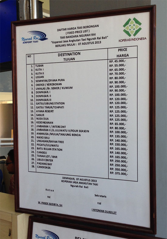 Official taxi rates for an Airport Taxi from Bali's new terminal.