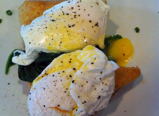 Poached eggs over spinach and buttermilk scones. Poached eggs over spinach and buttermilk scones.