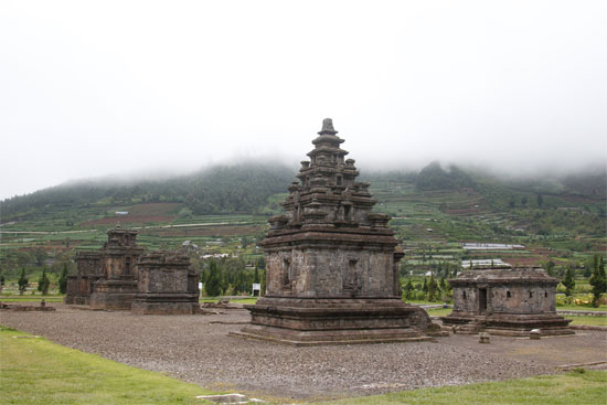 Temples scattered across the Dieng Plateau.