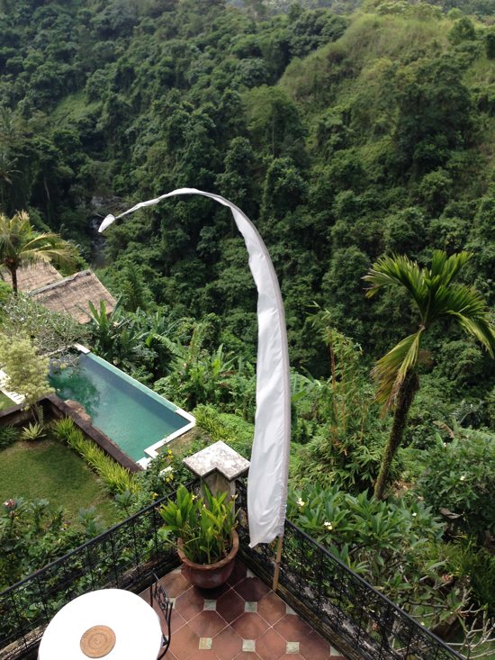 Look down on a pool with a view.