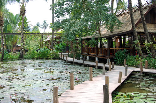 The overwater boardwalk leads to the restaurant pavilion where breakfast is served. Room rates include breakfast and bicycle rental.