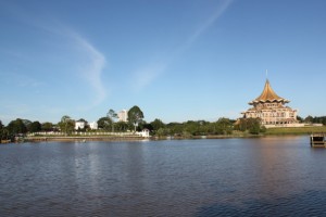An unusually serene scene in front of the Kuching Parliament.