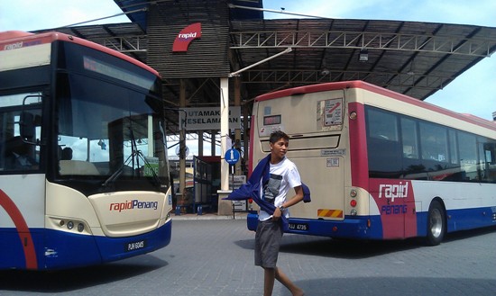 Penang's bus fleet has a distinctive red, white and blue insignia.