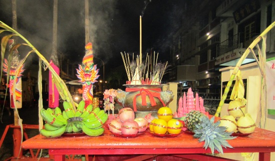 The hungry ghosts are appeased with massive quantities of fruit and incense smoke.