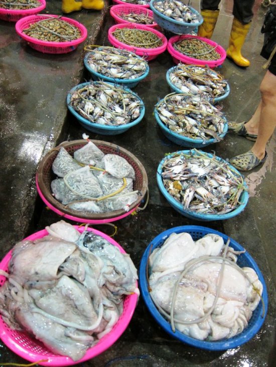 Seafood is sorted at the wholesale market at Senoko. Seafood is sorted at the wholesale market at Senoko.