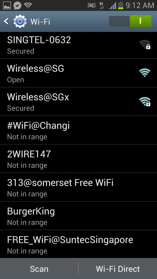 Here's what the wireless network list in your mobile might look like at the end of your Singapore stay - free wifi via Wireless@SG and some local malls.