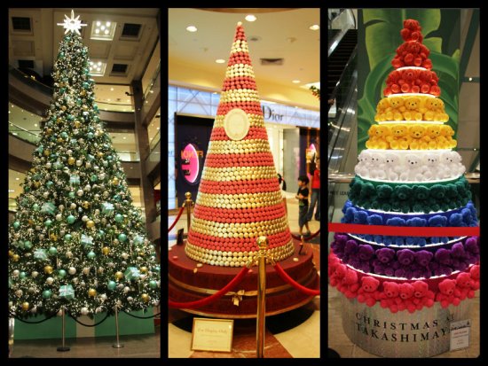 The race to have the best tree is always a key part of the race to have the best dressed building, and Takashimaya does gorgeous trees each year. Left to right: The towering tree at the main entrance by Tiffany & Co, a macaron tree by Laduree, and a tree of teddy bears.