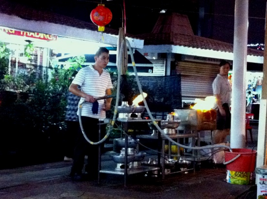 Authentic steamboat stalls use grey vessels with charcoal fuel, and spend much time and effort getting the flames and temperature just right. - including using a modified vaccuum cleaner if necessary.