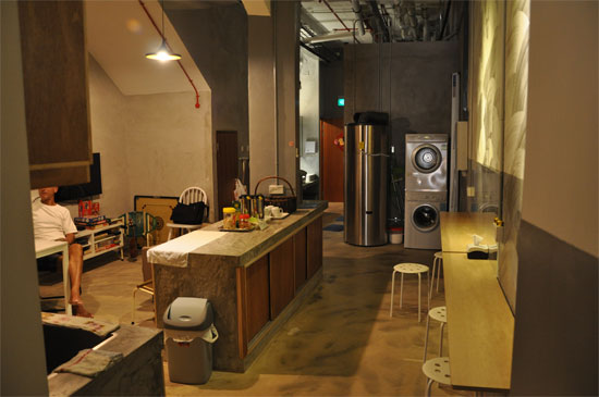The downstairs common area is compact but functional.