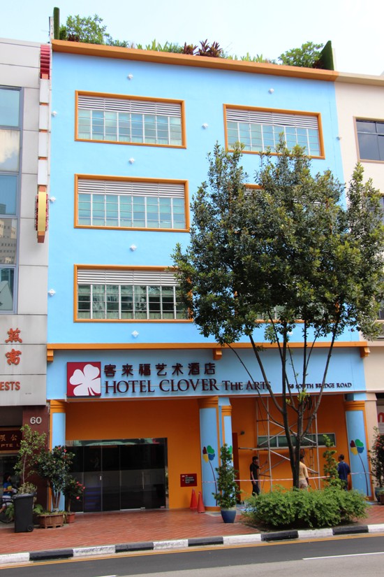 The baby blue of the exterior of Hotel Clover the Arts hints at the liberal use of colour within.