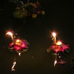 A pair of krathongs float at Lumpini Park.