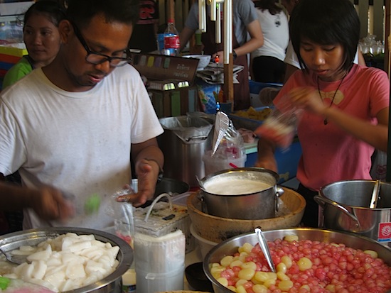 Bagging up the sweets.