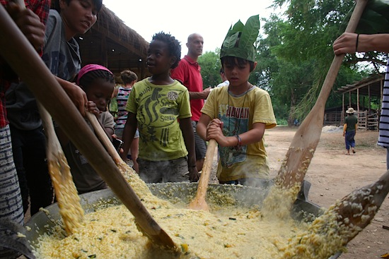 Preparing the sticky rice.