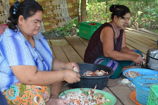 Village women prepare boxes of crab meat to sell.
