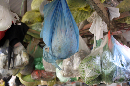 Bags of herbs and veggies hang within arm's reach.